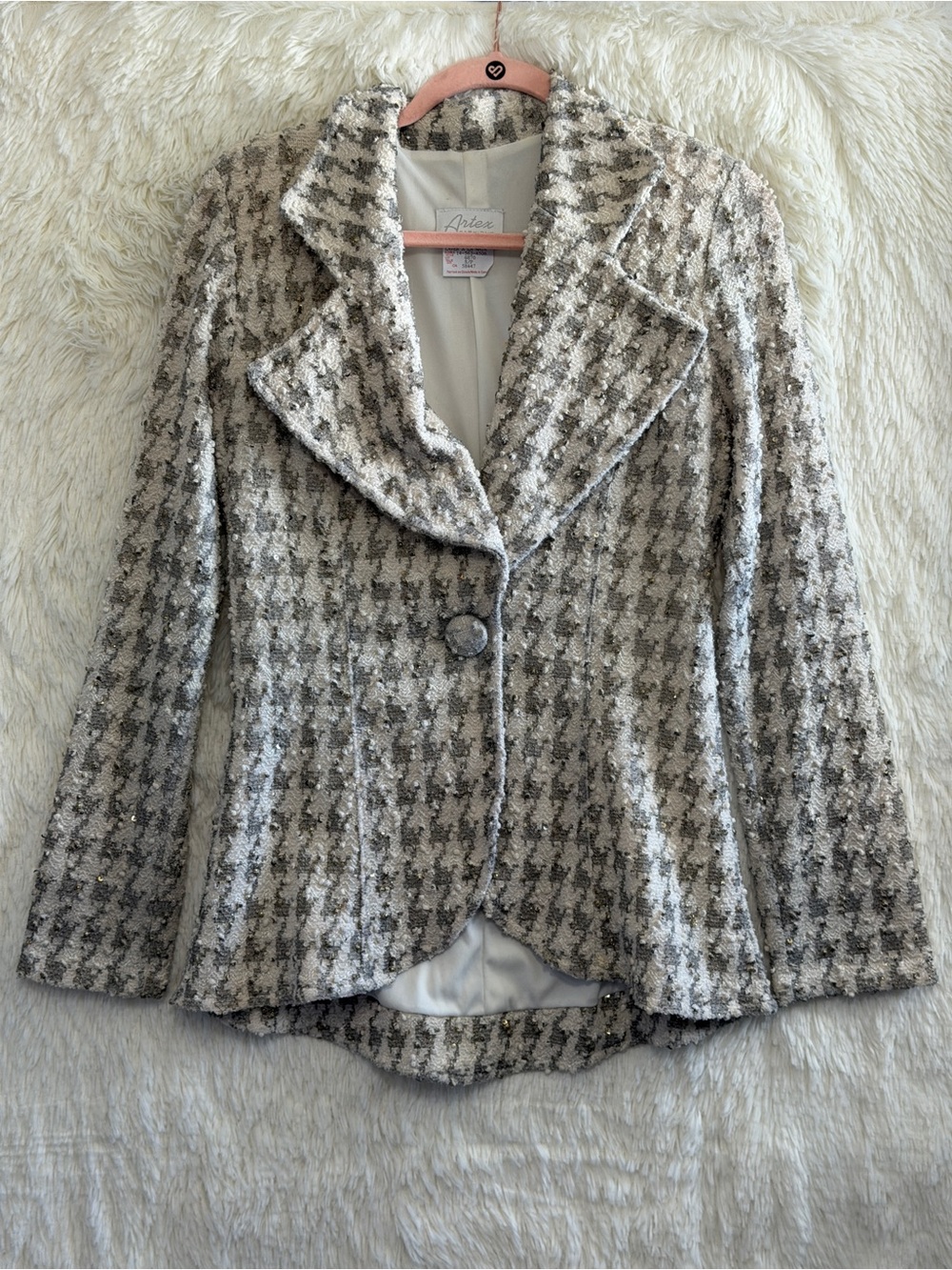 Vtg Artex Womens Preppy Sequin Houndstooth Blazer Size S White Grey Old Money